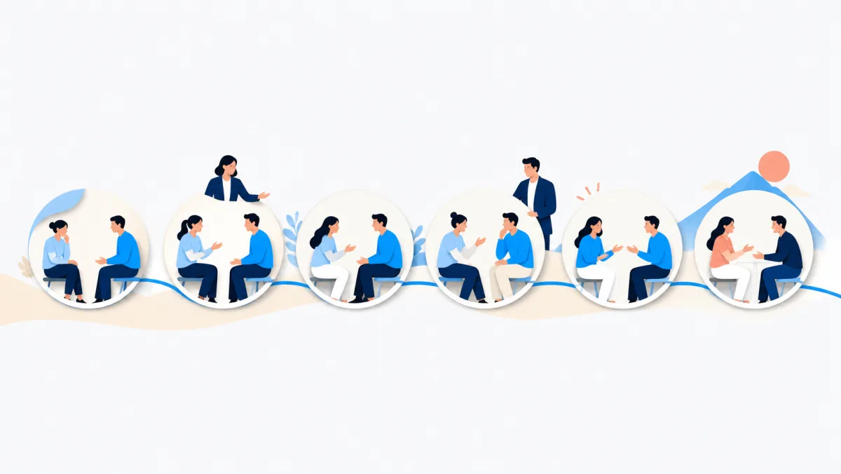 Flat brand illustration of six circular practice scenes connected along a path, each pair role-playing with a facilitator guiding the series.