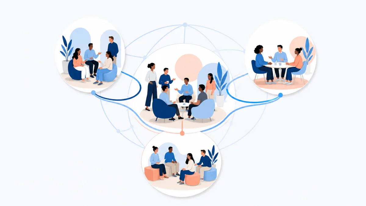 Flat brand illustration of three regional team hubs linked across a global network, representing cohorts delivered across North America, EMEA, and APAC.