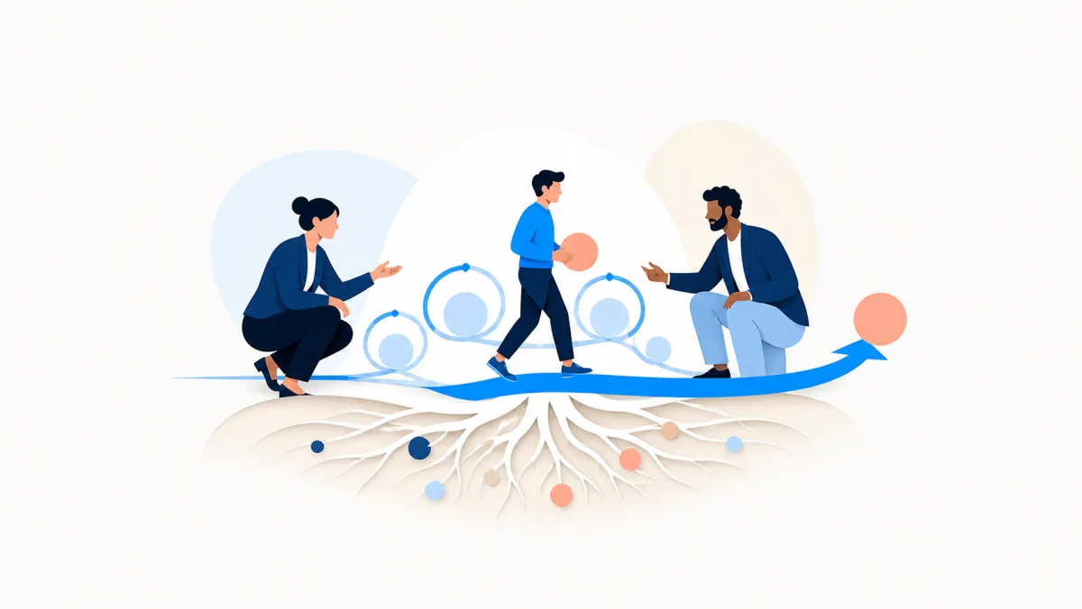 Flat brand illustration of two leaders coaching a seller moving along a path with roots growing beneath it, representing long-term reinforcement of the methodology.