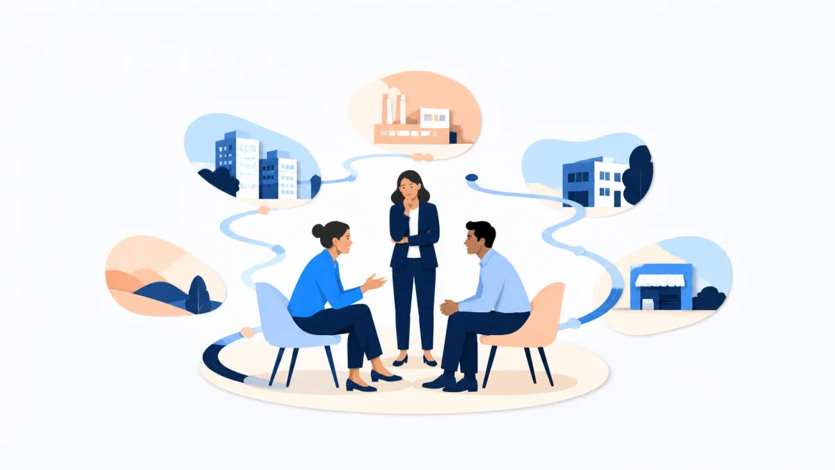 Flat brand illustration of a facilitator coaching two sellers rehearsing a conversation, surrounded by industry vignettes of a factory, offices, and a storefront.