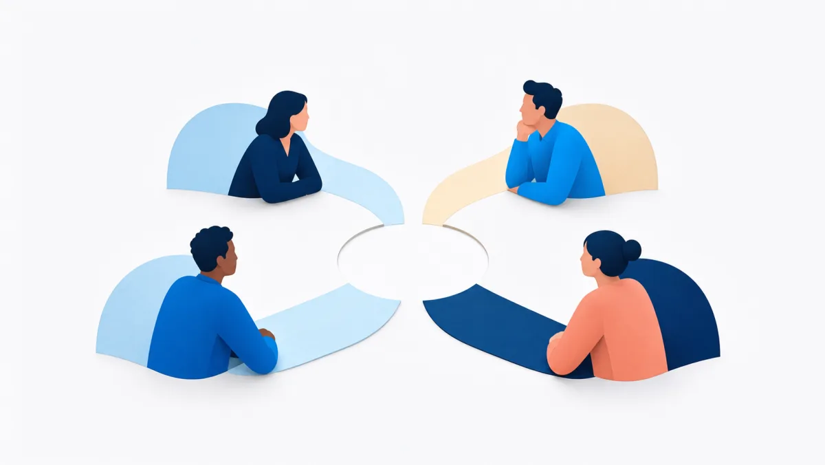 Flat brand illustration of four stakeholders seated around a shared round table, representing discovery interviews across sales, customer success, and cross-functional partners.