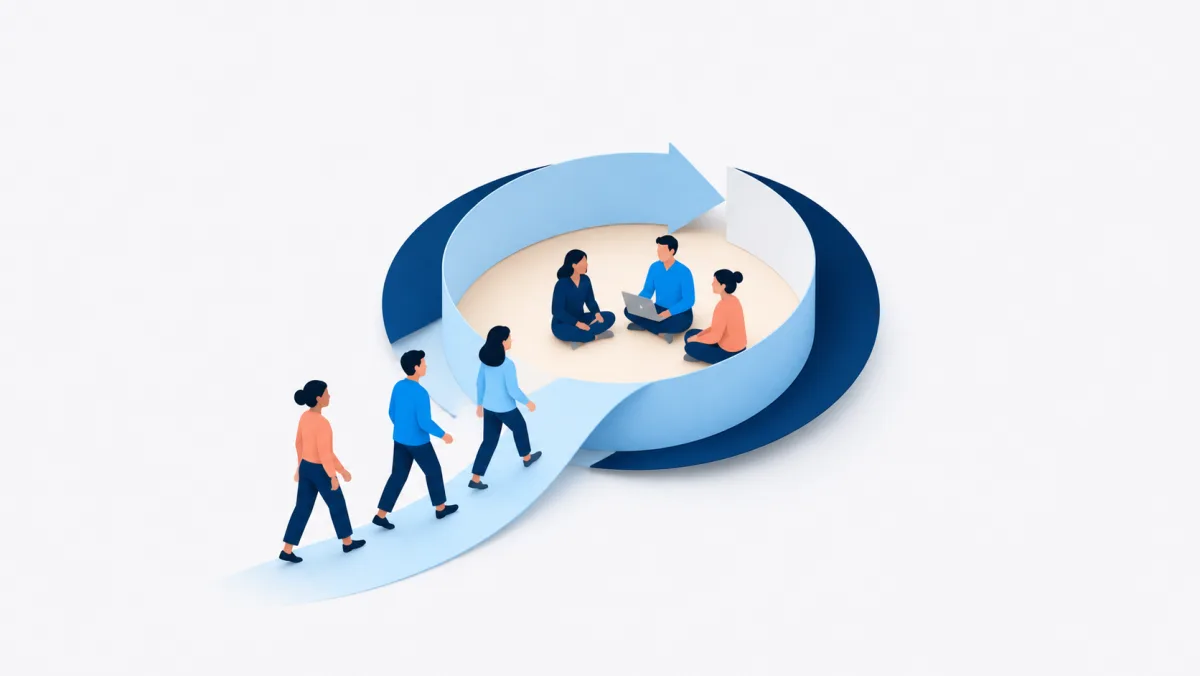 Brand illustration of people walking a path into a circular arrow where a group works together, representing the recurring quarterly cohort cycle.