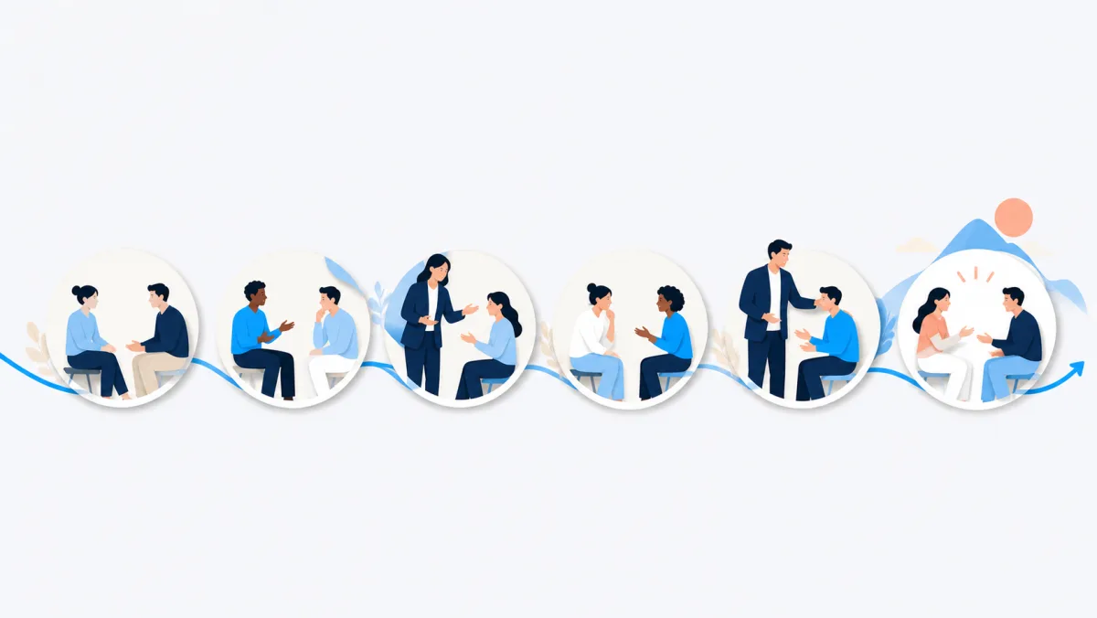 Brand illustration of six circular practice scenes along a rising path, each pair role-playing with a facilitator, representing the six live virtual sessions.