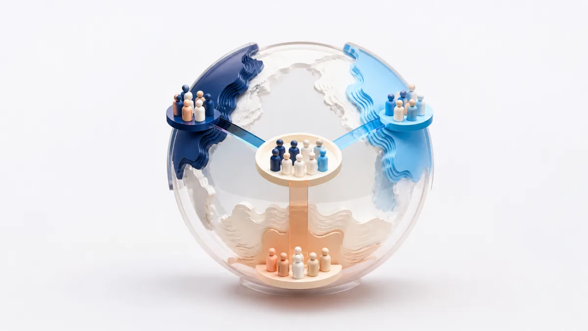 Brand illustration of a translucent globe with figurine team hubs on three continents linked to a shared center, representing go-to-market teams of 5 to 30 training as one unit.