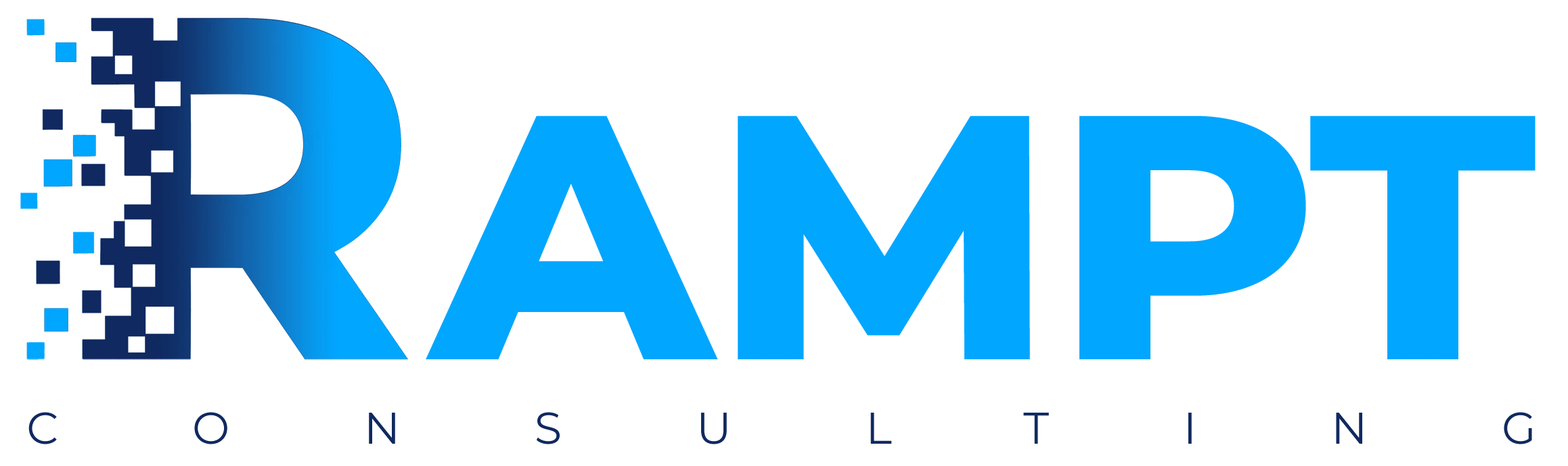 RAMPT Consulting logo featuring bold blue text with pixelated design elements, representing custom enterprise solutions and sales training methodologies.