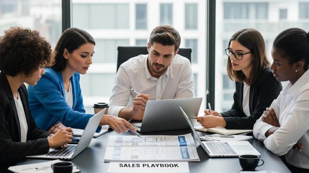 Business professionals collaborating on a sales playbook in a modern office