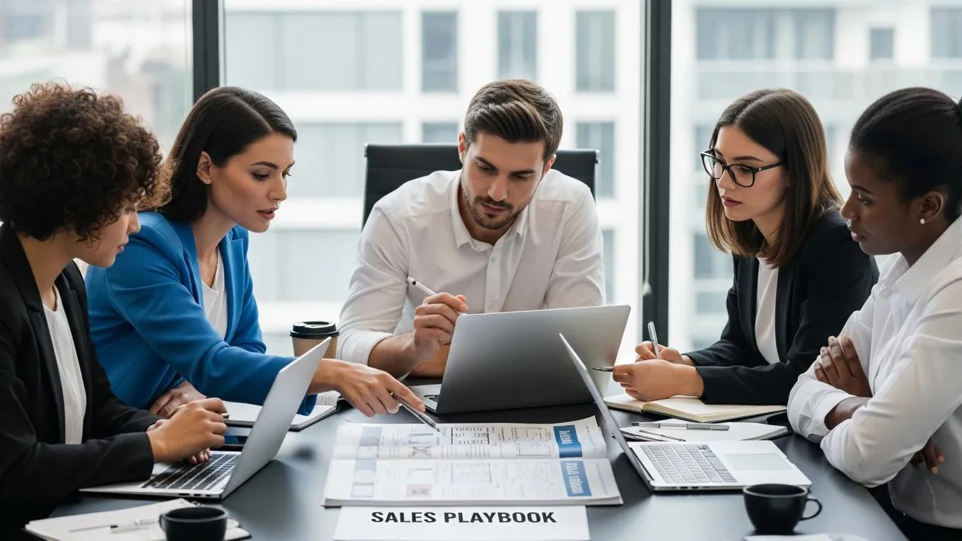 Business professionals collaborating on a sales playbook in a modern office
