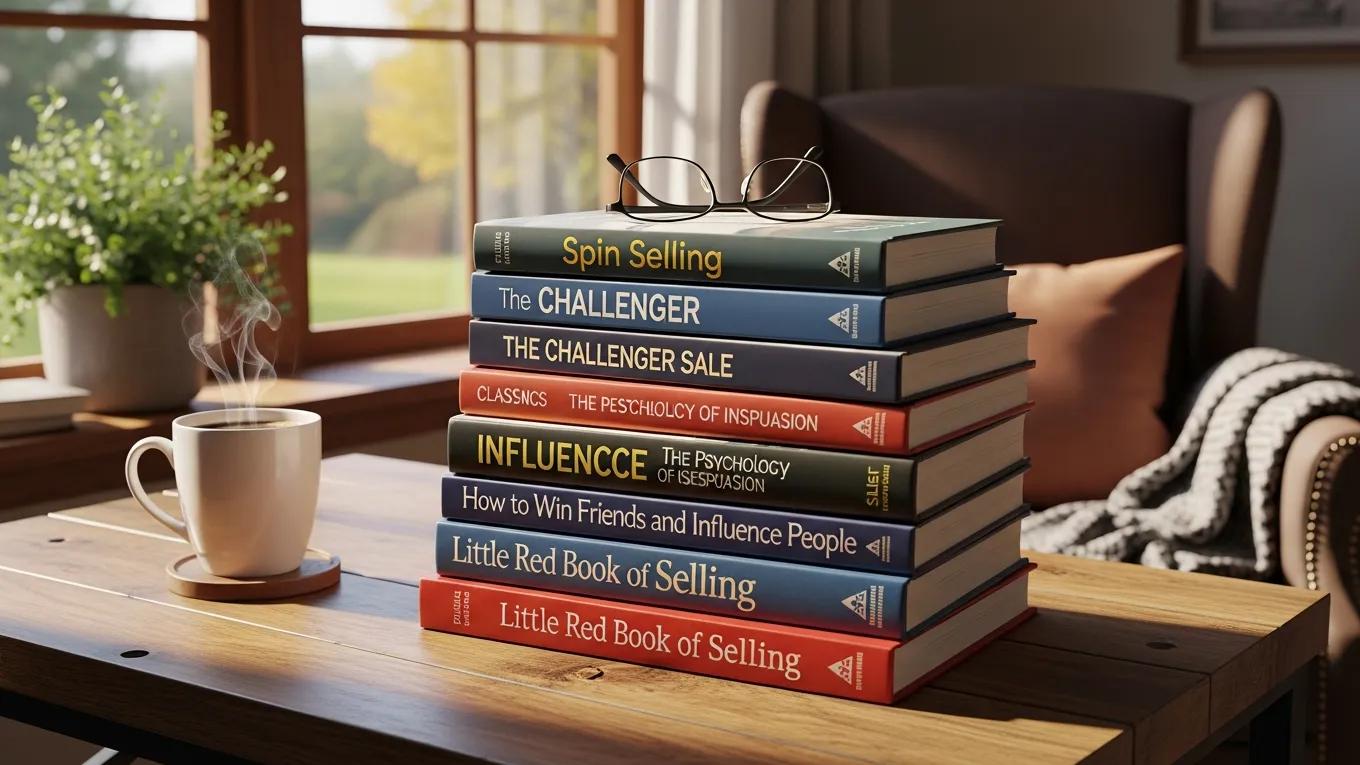 Collection of top sales books on a desk with a cozy reading nook and warm lighting