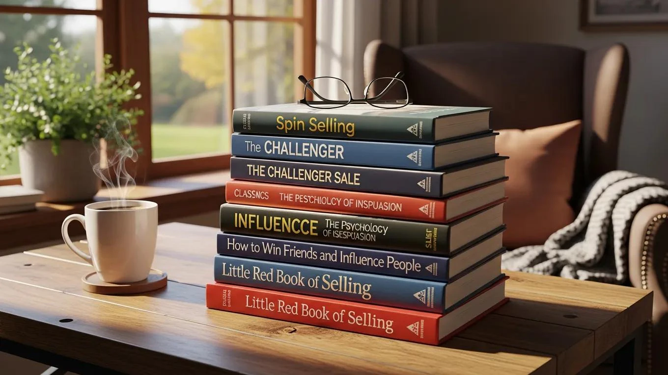 Collection of top sales books on a desk with a cozy reading nook and warm lighting