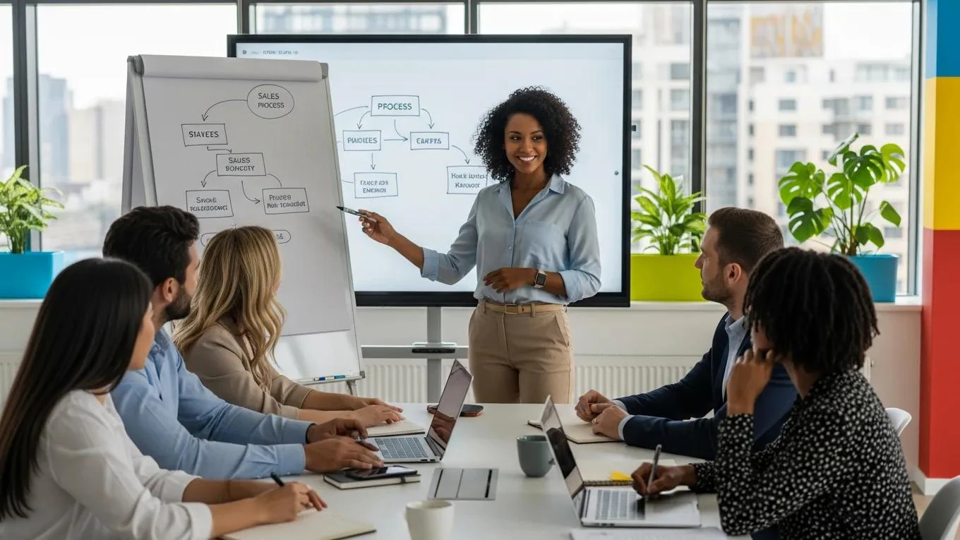 Sales leader coaching a team, emphasizing the importance of leadership in sales training