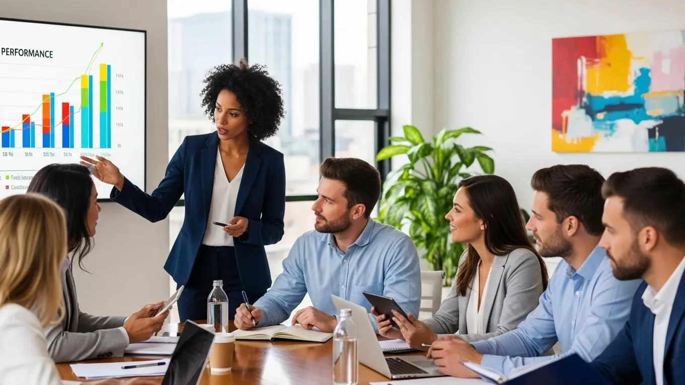 A businesswoman presents performance charts on a large screen while colleagues look on in a conference room.