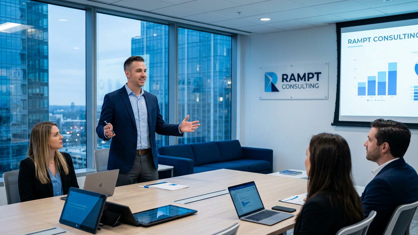 Man in blazer presenting to colleagues in a conference room with a projector screen showing charts and a Rampt Consulting sign behind him