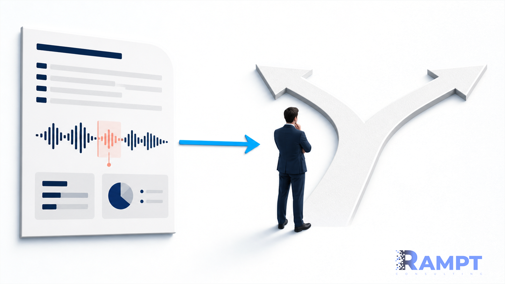Diagram of a call analysis report with one highlighted moment, pointing to a sales leader who stands at a fork and weighs which way to go.