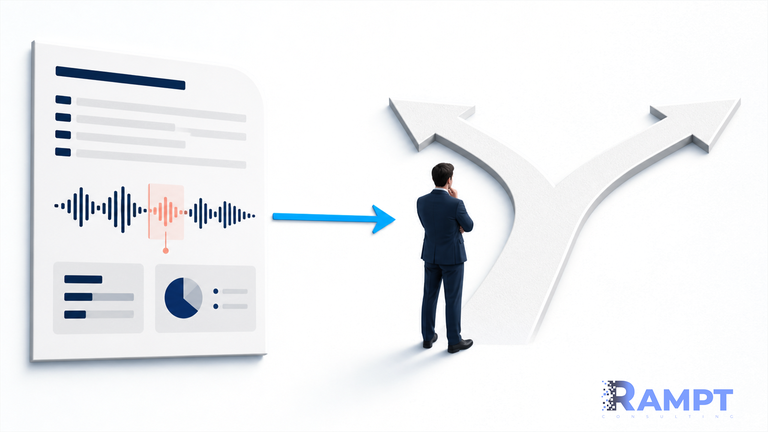 Diagram of a call analysis report with one highlighted moment, pointing to a sales leader who stands at a fork and weighs which way to go.