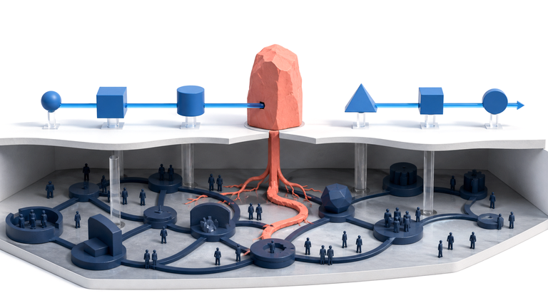 Cutaway model of a tidy process line on the surface, blocked by a rock whose roots spread into a busy network of people and paths below.