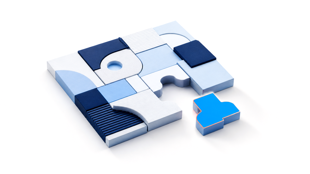 Puzzle of blue and white tiles with one bright blue piece set apart from the gap it was made to fill.