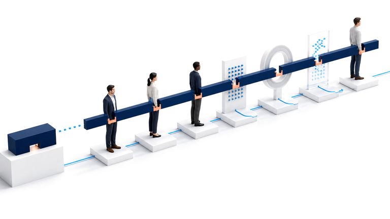 Diagram of people passing one long beam through a series of approval gates, each person carrying a different section of the decision.