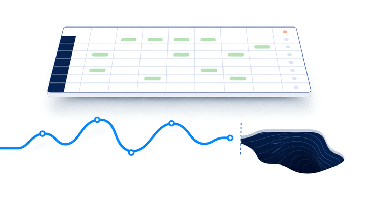 Diagram of a tidy pipeline grid above a conversation line that stops at a dashed cutoff, just short of the deeper problem nobody asked about.