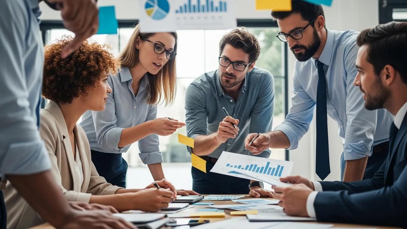 Six professionals in a business meeting examining charts and sticky notes on a conference table.