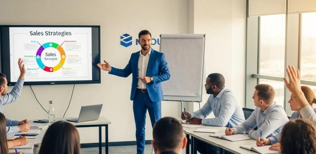 Sales training session with participants engaged in learning and development